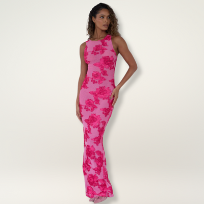 Ashley | Elegante Abito Maxi con Fiori Rosa